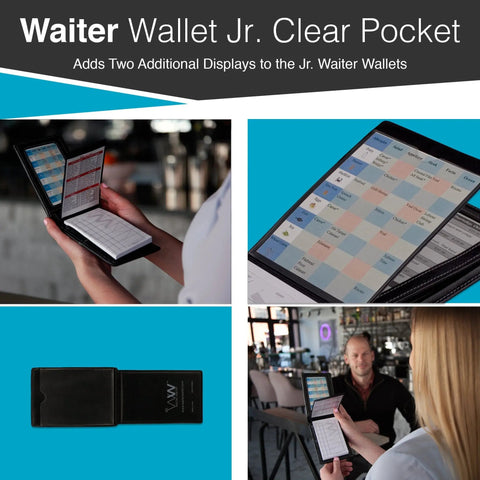 The Waiter Wallet Clear Pocket Insert slips behind our guest order pad pocket to perfectly position two additional restaurant cheat sheets at the server's fingertips to help even the best waiter or waitress know and sell more.