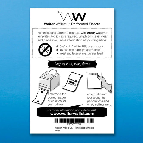 Waiter Wallet Jr. Perforated Sheets for printing Waiter Wallet's Free Custom Restaurant Cheat Sheets