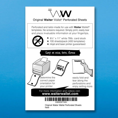 Waiter Wallet Perforated Sheets for printing Waiter Wallet's Free Custom Restaurant Cheat Sheets
