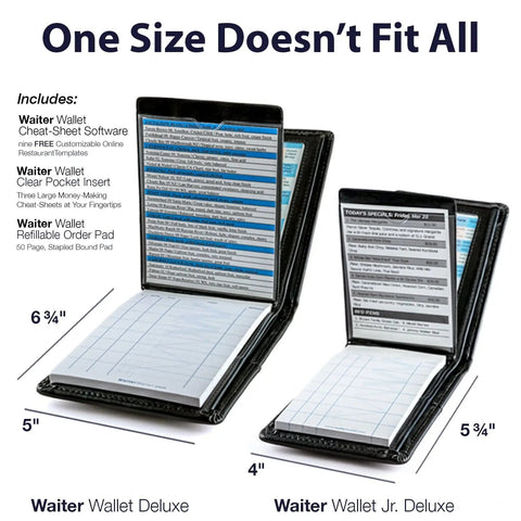 Waiter Wallet Deluxe vs. Jr. Deluxe, the ultimate server / waitress books and organizers