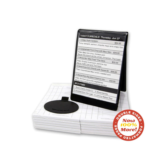 Waiter Wallet Pro Pack includes 12 Waiter Wallet restaurant pads, Clear Pocket Insert, and Pen Loop.