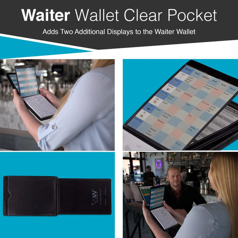 The Waiter Wallet Clear Pocket Insert slips behind our guest order pad pocket to perfectly position two additional restaurant cheat sheets at the server's fingertips to help even the best waiter or waitress know and sell more.