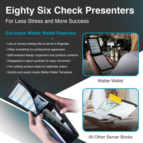 All other restaurant server books are just ill-suited check presenters with more pockets. Not Waiter Wallet, the only real waitstaff organizer system!
