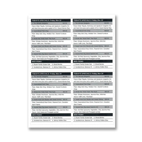 Waiter Wallet Perforated Sheets for printing Waiter Wallet's Free Custom Restaurant Cheat Sheets