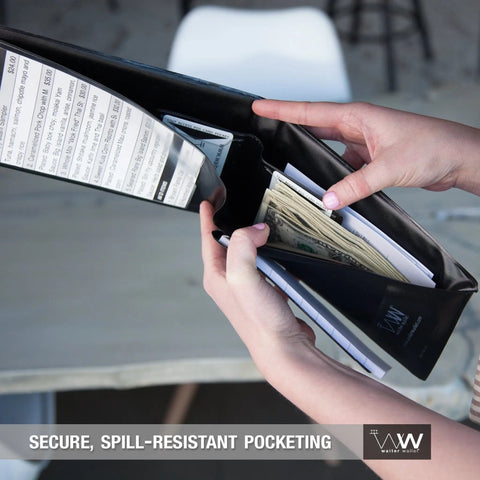 Waiter Wallet Sr.'s maximum capacity spill resistant wallet pocket protects server's cash and receipts.