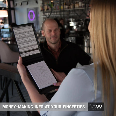 Waiter Wallet Sr. perfectly positions money-making info at a waiter or waitresses fingertips!